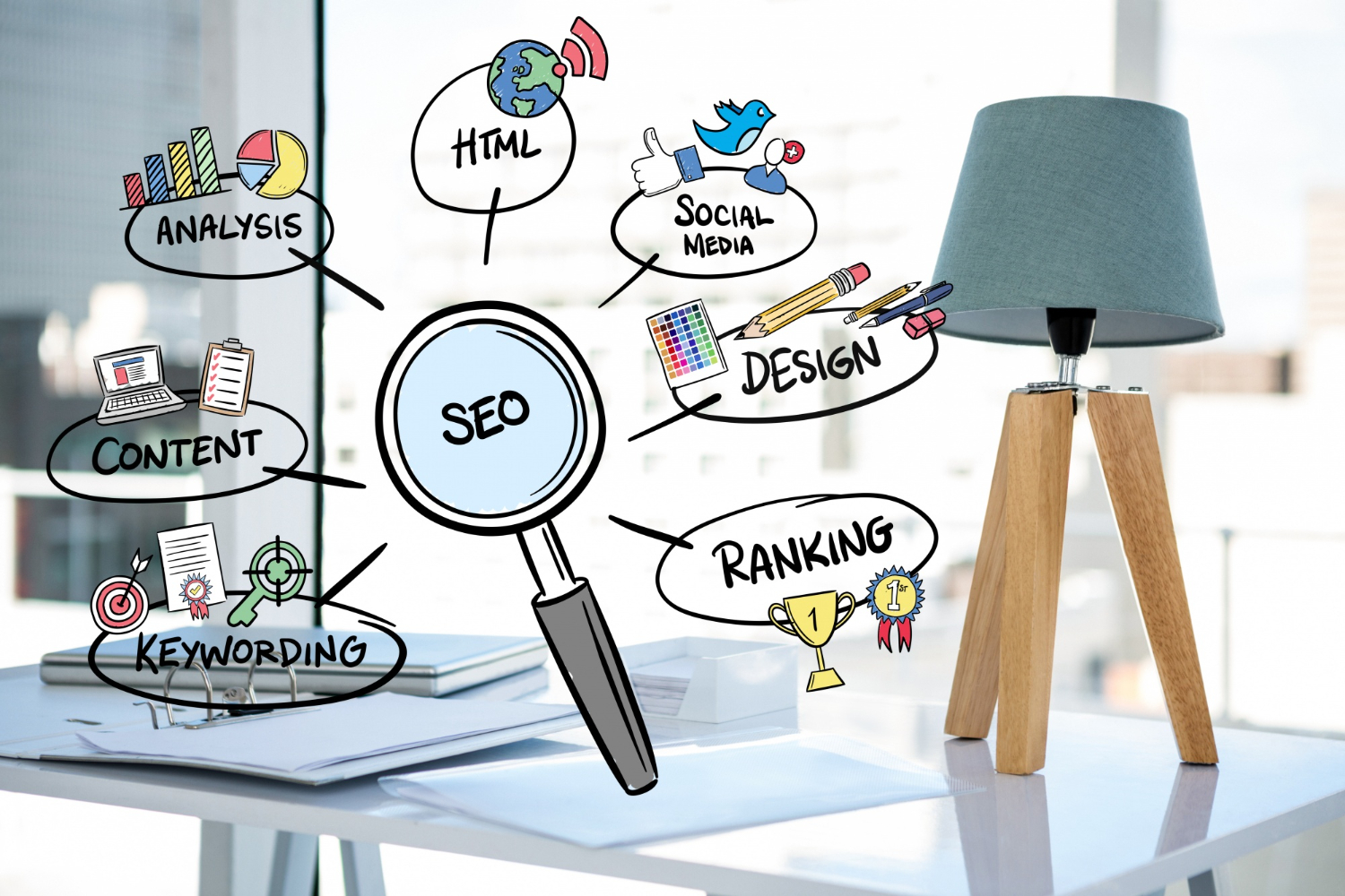 SEO keyword research concept with magnifier and ranking charts on desk