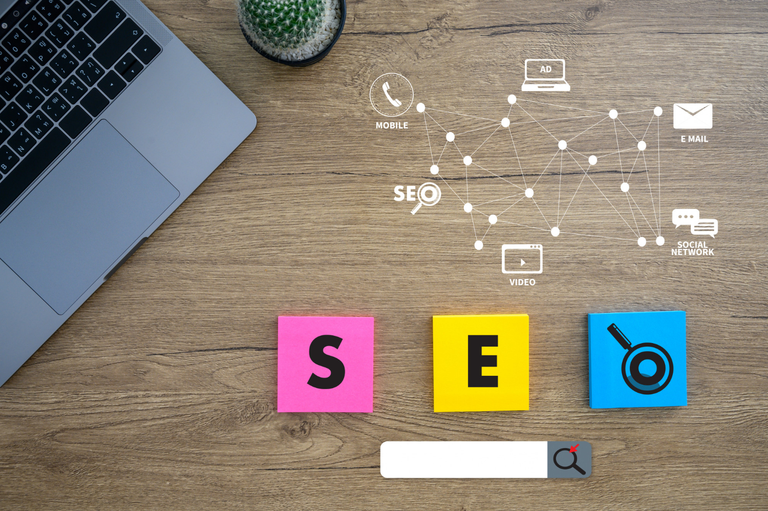 Local SEO strategy with colorful blocks, laptop, and location icons
